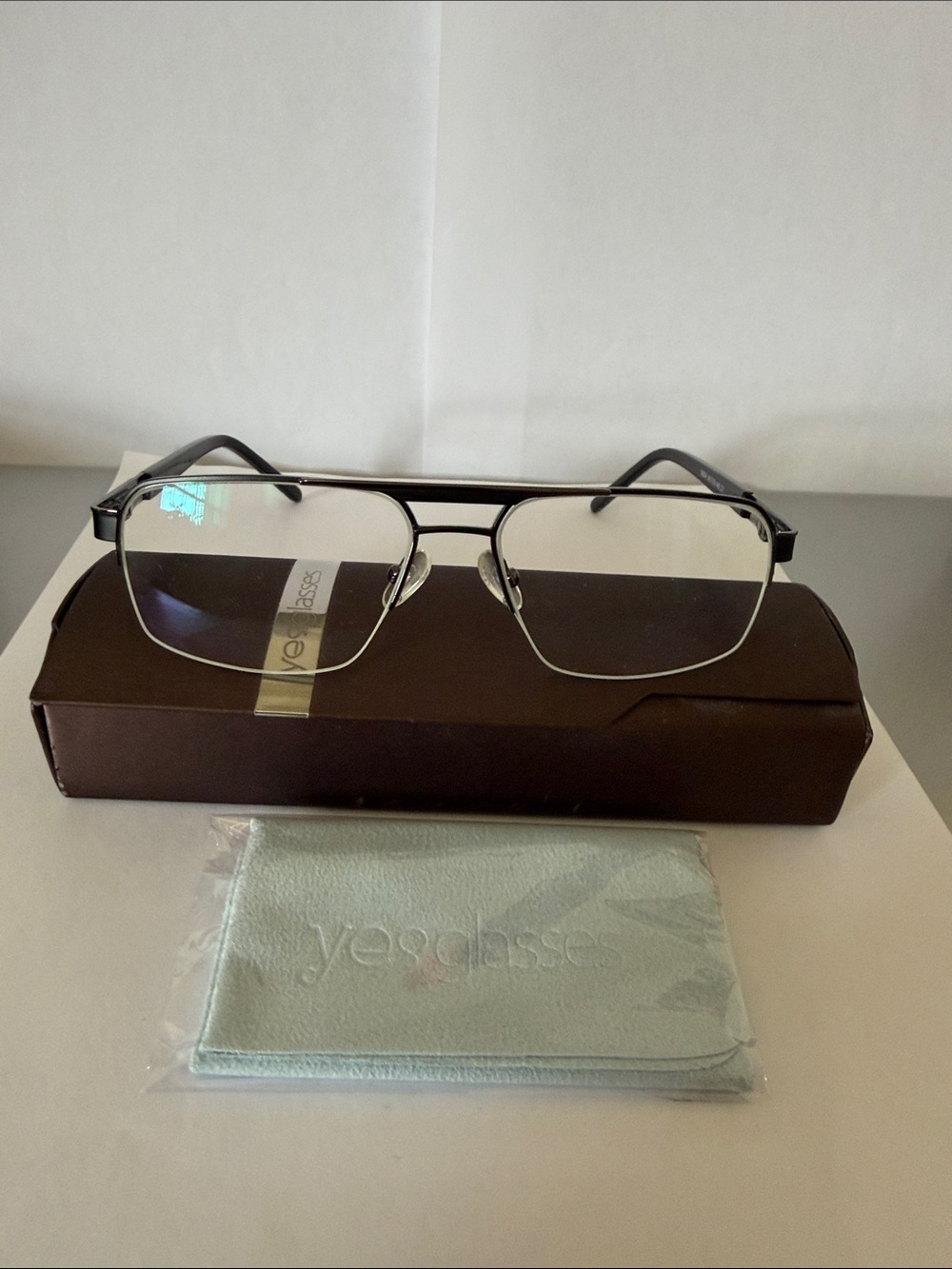 Men's Metallic Black Double-Bridge 
Semi-Rimless Eyeglasses Frame